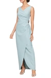 Alex Evenings Embellished Side Drape Column Formal Gown In Ice Sage