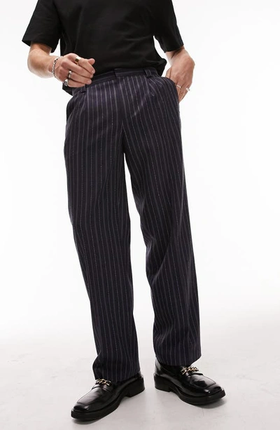 Topman Stripe Wide Leg Suit Trousers In Navy