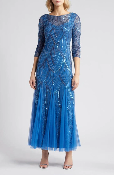 Pisarro Nights Beaded Illusion Neck Gown In Blue