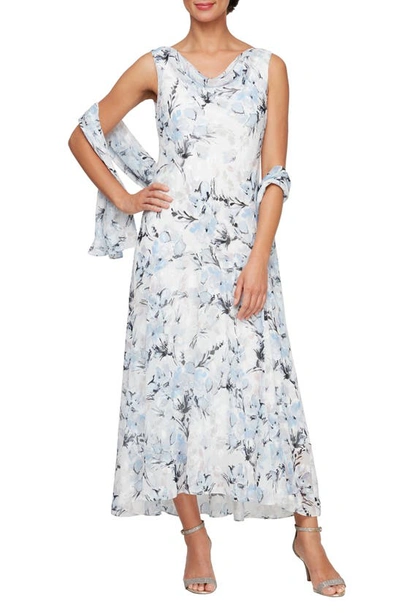 Alex Evenings Floral Cowl Neck Sleeveless Midi Dress & Shawl In Ivory Multi