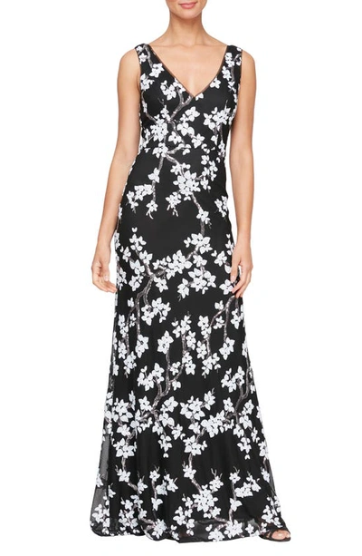 Alex Evenings Sequin Floral Gown In Black White