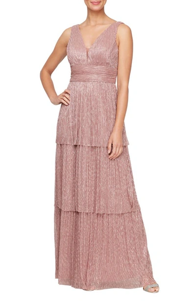 Alex & Eve Metallic Sleeveless Tiered Gown In Rose Gold
