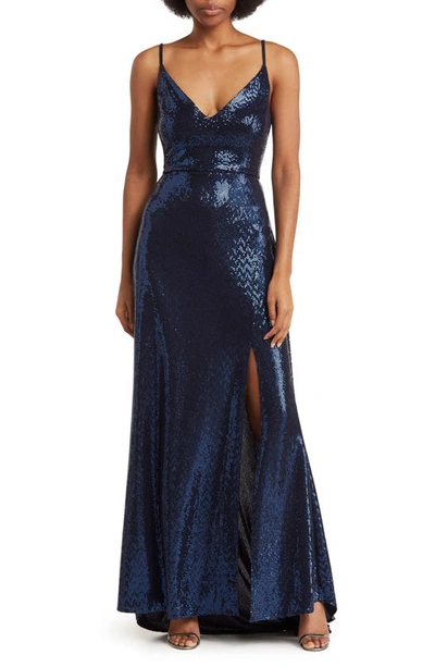 Jump Apparel Sequin V-neck High-low Gown In Navy