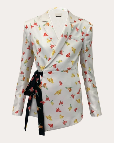 Hellessy Monrow Butterfly-print Satin Wrap Blazer Jacket In Ecru Print/blk Pr