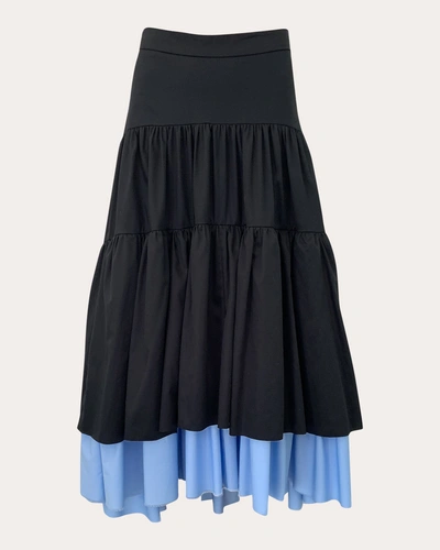 Hellessy Alyssa Tiered Satin Cotton High-low Skirt In Black-shadow Blue