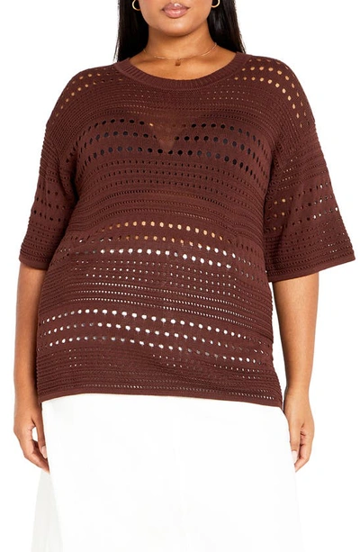 City Chic Eva Open Knit Jumper In Chocolate