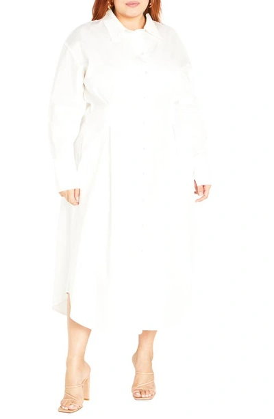 City Chic Bristol Long Sleeve Cotton Shirtdress In Ivory