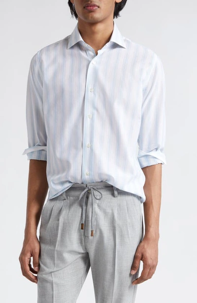 Eleventy Stripe Cotton & Linen Button-up Shirt In Baby Blue