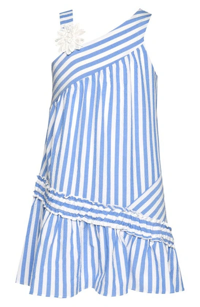 Hannah Banana Kids' Asymmetric Stripe Party Dress In Blue/ White
