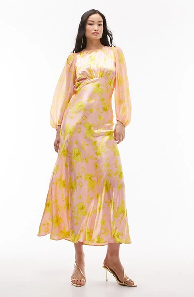 Topshop Floral Long Sleeve Satin Midi Dress In Pink Multi