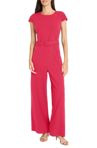 Maggy London Cap Sleeve Belted Jumpsuit In Red