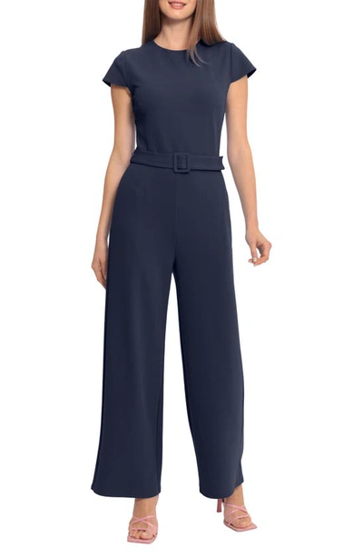 Maggy London Cap Sleeve Belted Jumpsuit In Navy Blazer