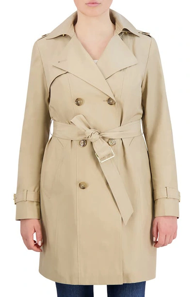 Cole Haan Hooded Double-breasted Trench Coat In Khaki