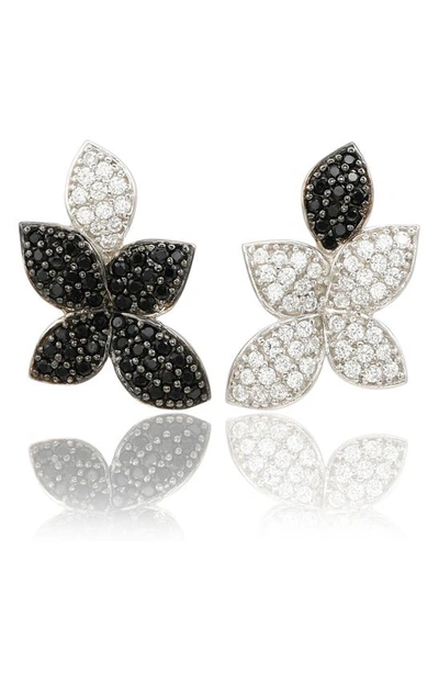 Suzy Levian Sterling Silver Mismatched Flower Cz Pavé Earrings In Black