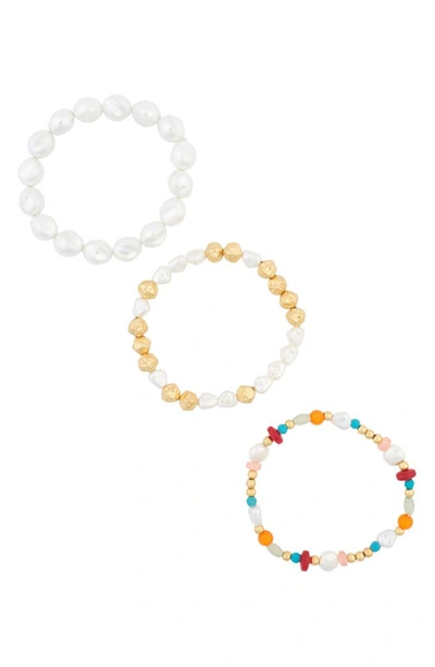 Melrose And Market Imitation Pearl 3-pack Beaded Stretch Bracelets In Multi- Gold