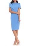 Maggy London Tie Neck Puff Sleeve Scuba Crepe Dress In Blue Bonnet