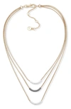 Dkny Tri-tone Curved Bar Frontal Necklace In Gold/ Silver/ Hematite