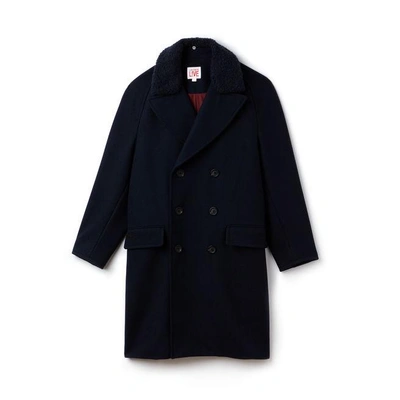 Lacoste Unisex Live Wool Broadcloth Buttoned Pea Coat In Blue