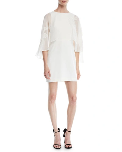 Halston Heritage Cape-sleeve Mini Dress W/ Floral Embroidery In Chalk