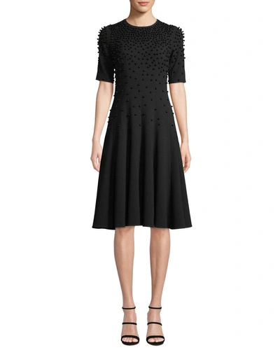 Rickie Freeman For Teri Jon Fit-and-flare Crepe Wool Dress W/ Pearly Beading In Black