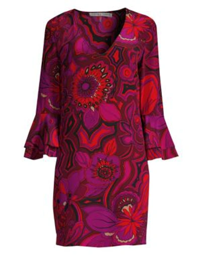 Trina Turk Freeda Floral-print Silk Dress W/ Double-trumpet Sleeves In Multi
