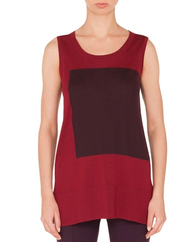 Akris Punto Square-panel Round-neck Sleeveless Wool Knit Top In Red Pattern