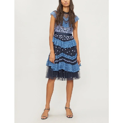 Needle & Thread Astra Embroidered-tulle Dress In Dust Navy