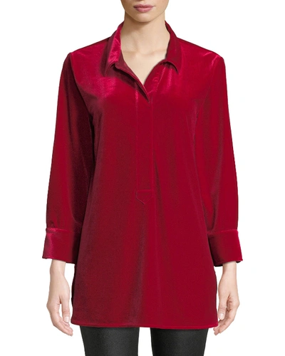Joan Vass Petite 3/4-sleeve Side-slit Relaxed Velvet Tunic Shirt