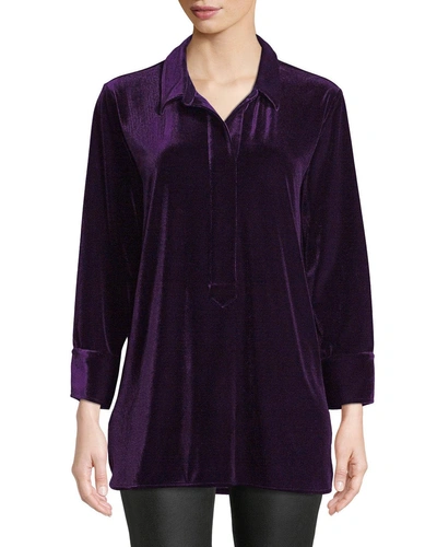 Joan Vass 3/4-sleeve Side-slit Relaxed Velvet Tunic Shirt In Purple