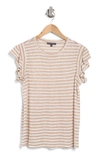 Adrianna Papell Ruffle Sleeve Slub Knit T-shirt In Khaki/ White