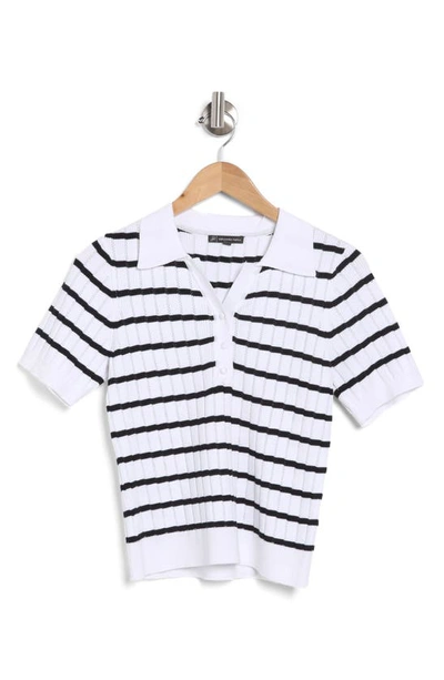 Adrianna Papell Pointelle Short Sleeve Polo Sweater In White