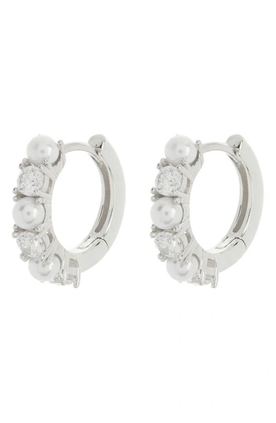 Nordstrom Rack Cz & 15mm Imitation Pearl Hoop Earrings In Metallic