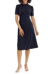 Maggy London Short Sleeve Necktie Midi Dress In Navy