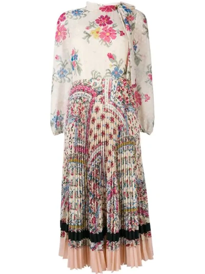 Red Valentino Pleated Floral-print Chiffon And Crepe Dress In Ivory