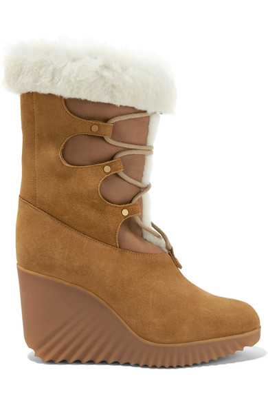 Chloé Shearling-trimmed Suede Wedge Boots In Tan | ModeSens