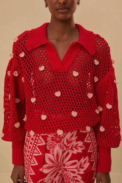 Farm Rio Handmade Hearts Knit Sweater In Pink
