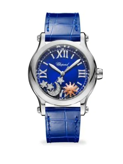 Chopard Happy Sport Automatic Stainless Steel Sapphire & Diamond Leather Strap Watch In Blue