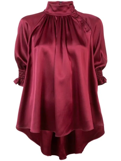 Adam Lippes Silk Charmeuse Smocked Blouse In Burgundy