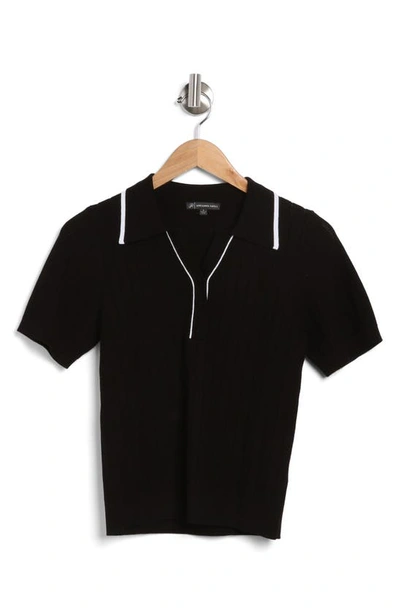 Adrianna Papell Tipped Short Sleeve Polo Sweater In Black/ White