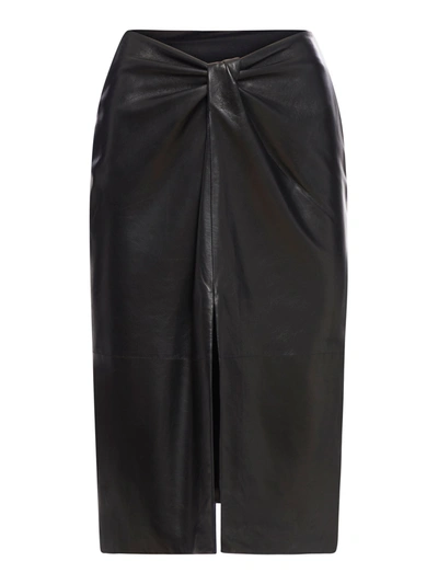 Saint Laurent Knotted Leather Midi Skirt In Black