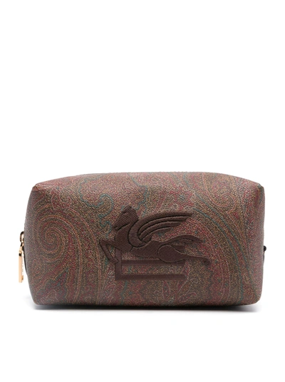 Etro Pegaso-embroidered Zipped Wash Bag In Brown