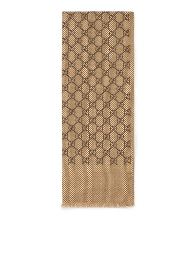 Gucci Silk And Wool Stole With Checkered Gg In Nude
