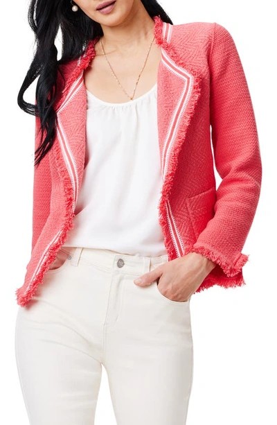 Nic + Zoe Ribbon Trim Fringe Mix Knit Jacket In Coral