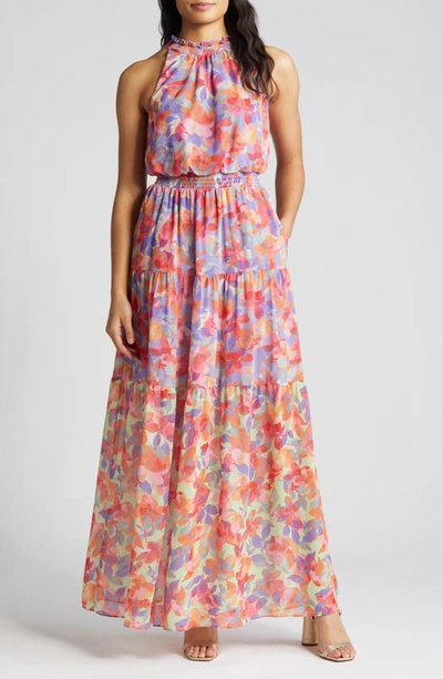 Vince Camuto Floral Tiered Halter Neck Maxi Dress In Lavender