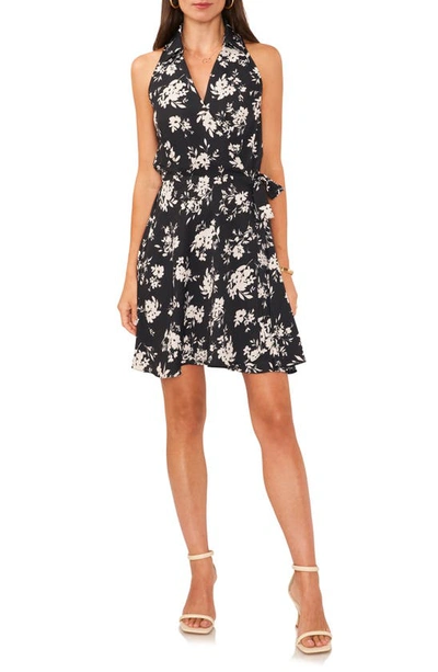 Vince Camuto Floral Wrap Front Sleeveless Dress In Black