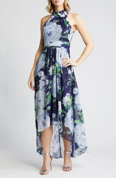 Eliza J Floral Chiffon High-low Midi Dress In Navy