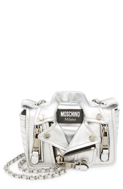 Moschino Mini Biker Metallic Leather Shoulder Bag In A2600 Fantasy Print Nickel