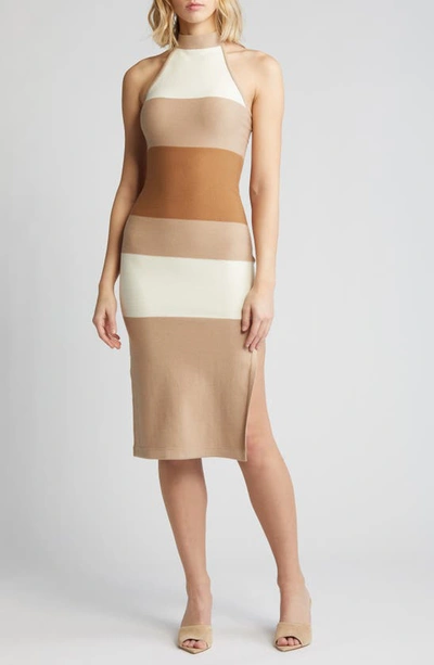 Bebe High Neck Colorblock Rib Midi Dress In Brown,multi