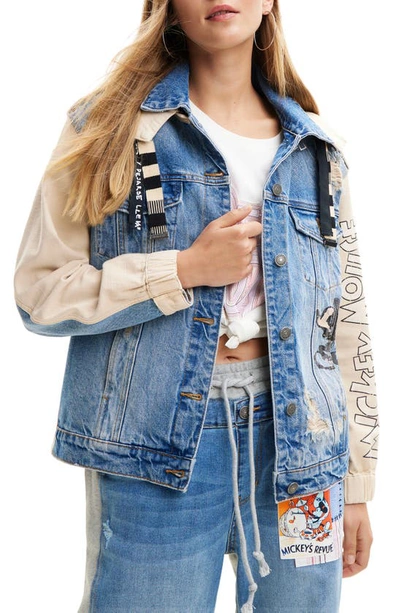 Desigual Disney Mickey Mouse Hooded Denim Jacket In White