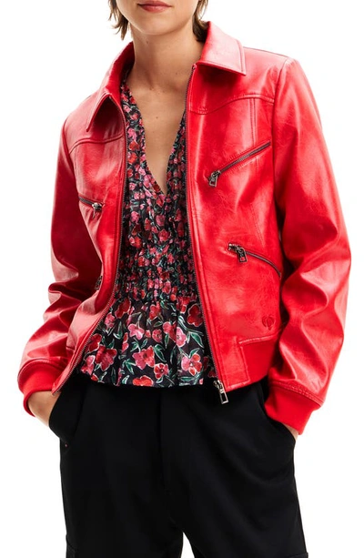 Desigual Kent Faux Leather Moto Jacket In Red